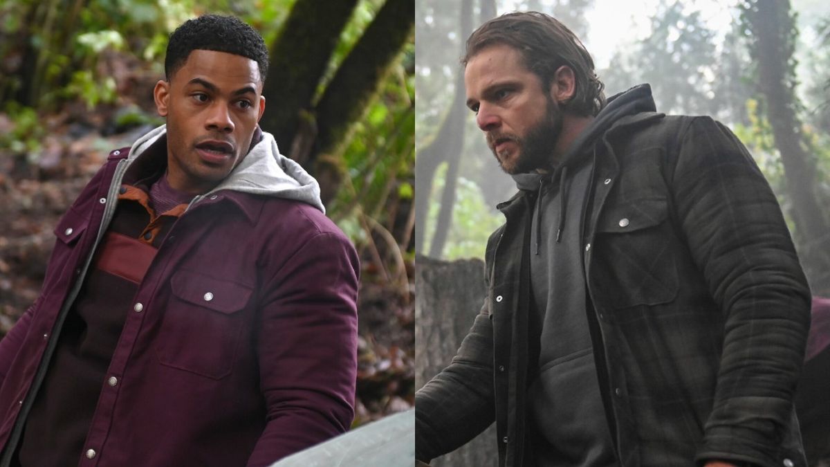 From left to right: Jordan Calloway looking shocked and Max Thieriot looking serious in Fire Country.