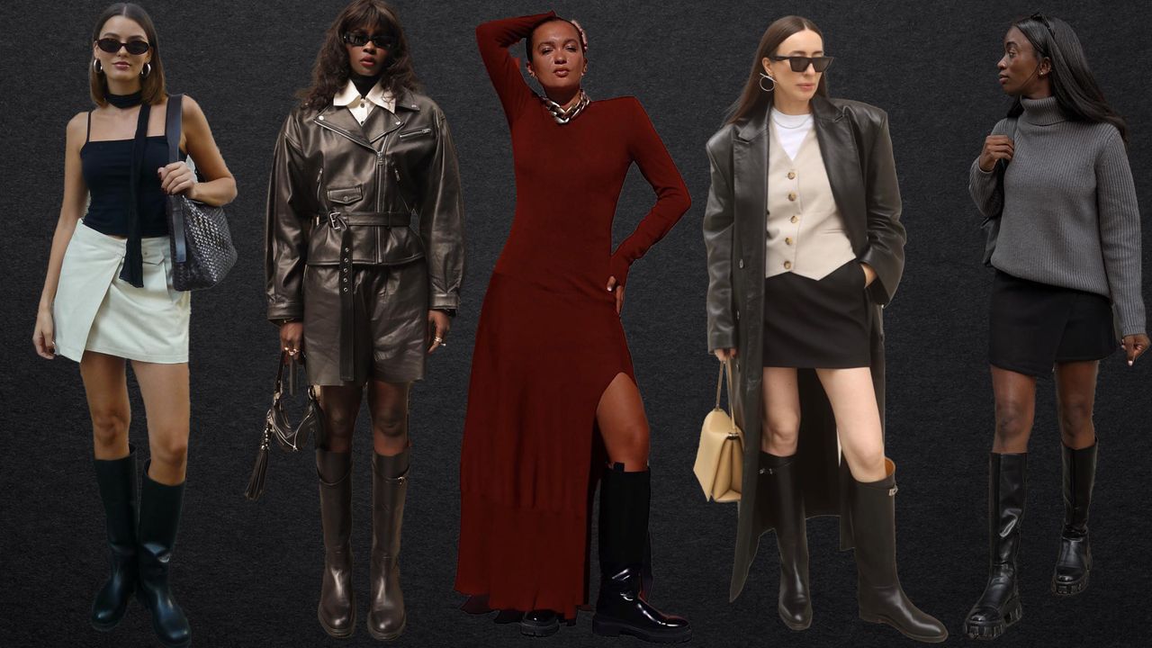 riding boot outfits shown in a collage of women wearing knee-high boots with their fall outfits that display how to style riding boots