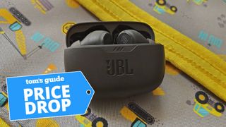 JBL Vibe Beam wireless earbuds on a lunch bag