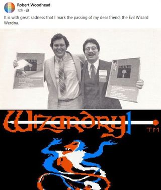 Screenshot of Facebook post by Robert Woodhead announcing Andrew Greenberg's death, with old photo of Greenberg and Woodhead celebrating Wizardry sales over the start screen of the original game.