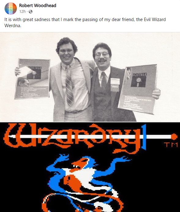 Screenshot of Facebook post by Robert Woodhead announcing Andrew Greenberg's death, with old photo of Greenberg and Woodhead celebrating Wizardry sales over the start screen of the original game.