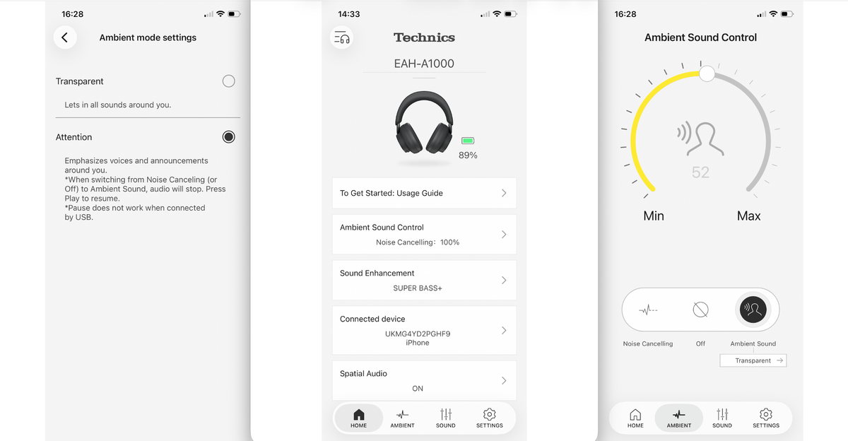 Three screengrabs of the Technics AudioConnect app, showing ANC profiles for the EAH-A1000