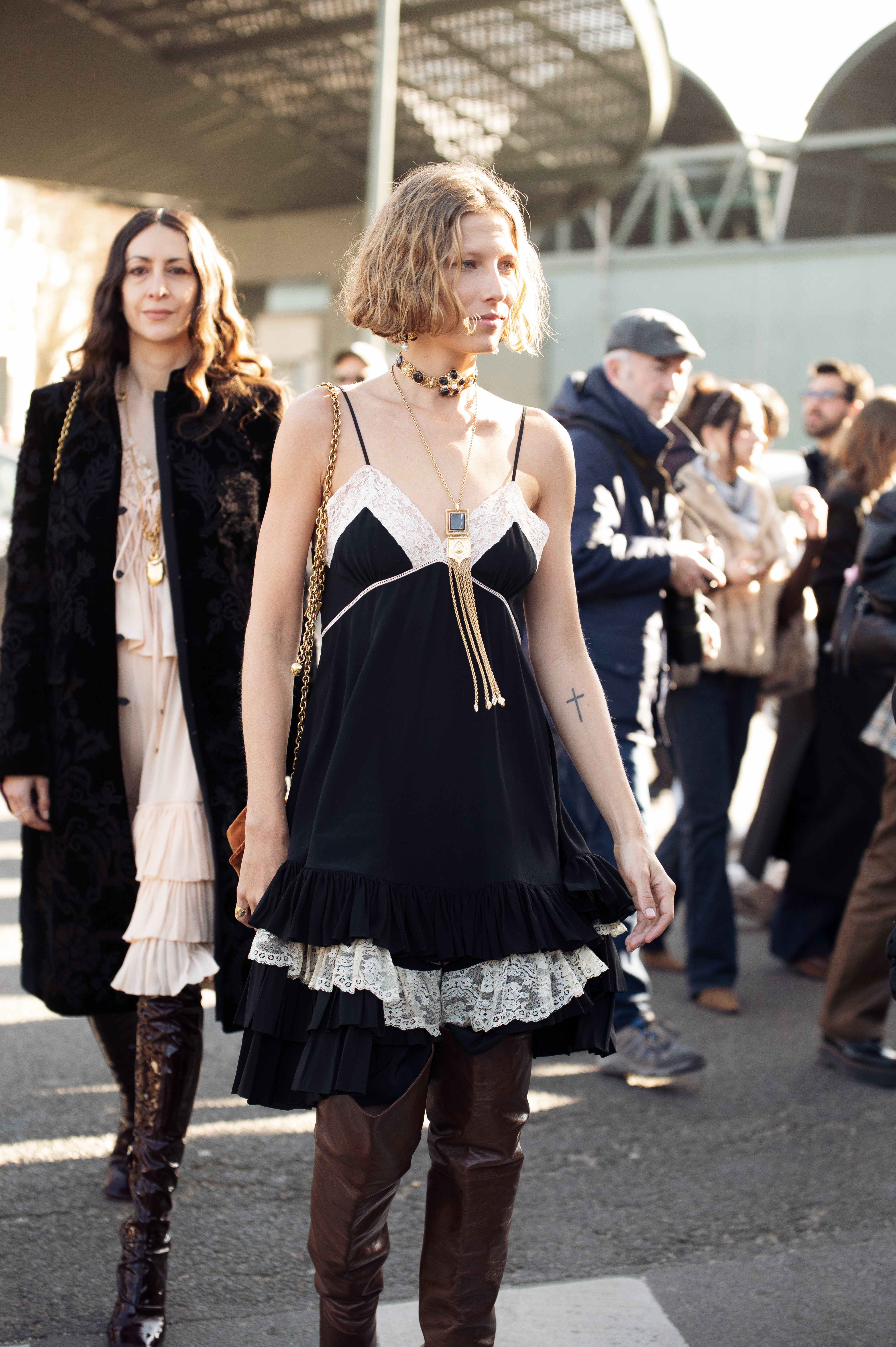 Woman wearing a lace slip dress