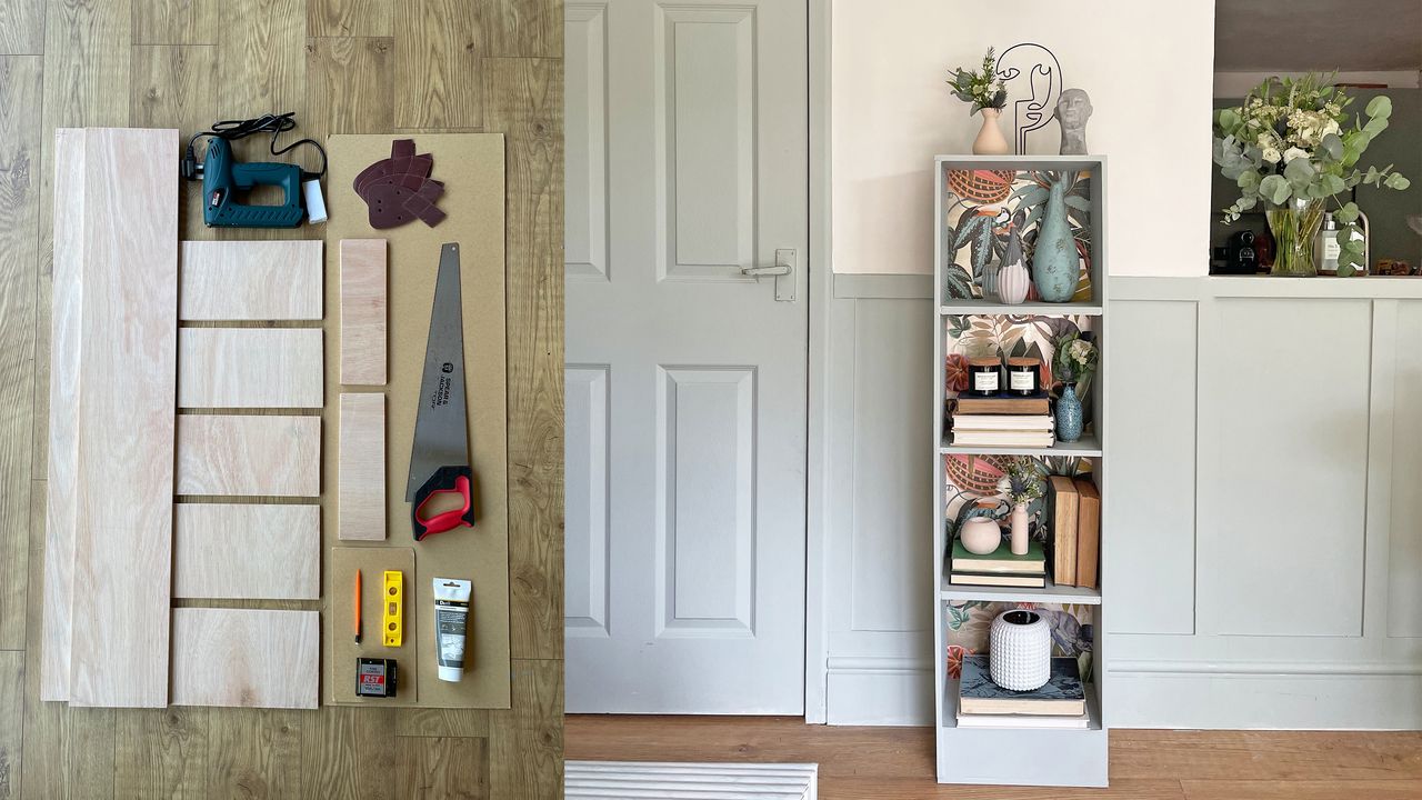 Freestanding bookcase with wallpapered back adjacent to a pale green door