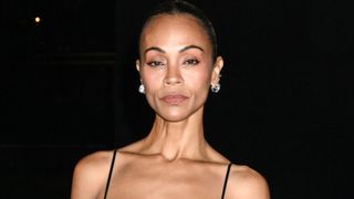 Zoe Saldana at the Saint Laurent fashion show as a part of Paris RTW Spring/Summer 2027 fashion week held at Fontaine du Trocad&eacute;ro on September 29, 2026 in Paris, France. She's wearing a sheer dress.