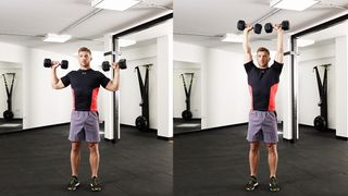Man demonstrates two positions of the dumbbell overhead press
