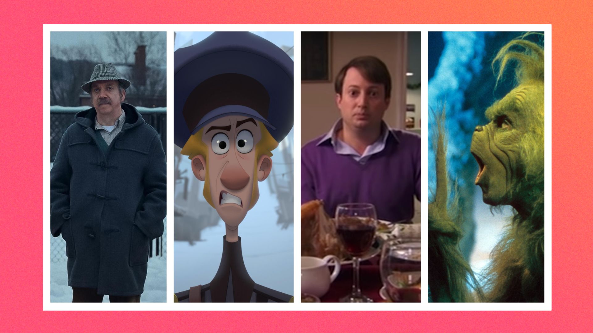 Four images from Christmas films including: The Holdovers, Klaus, Peep Show and How the Grinch Stole Christmas