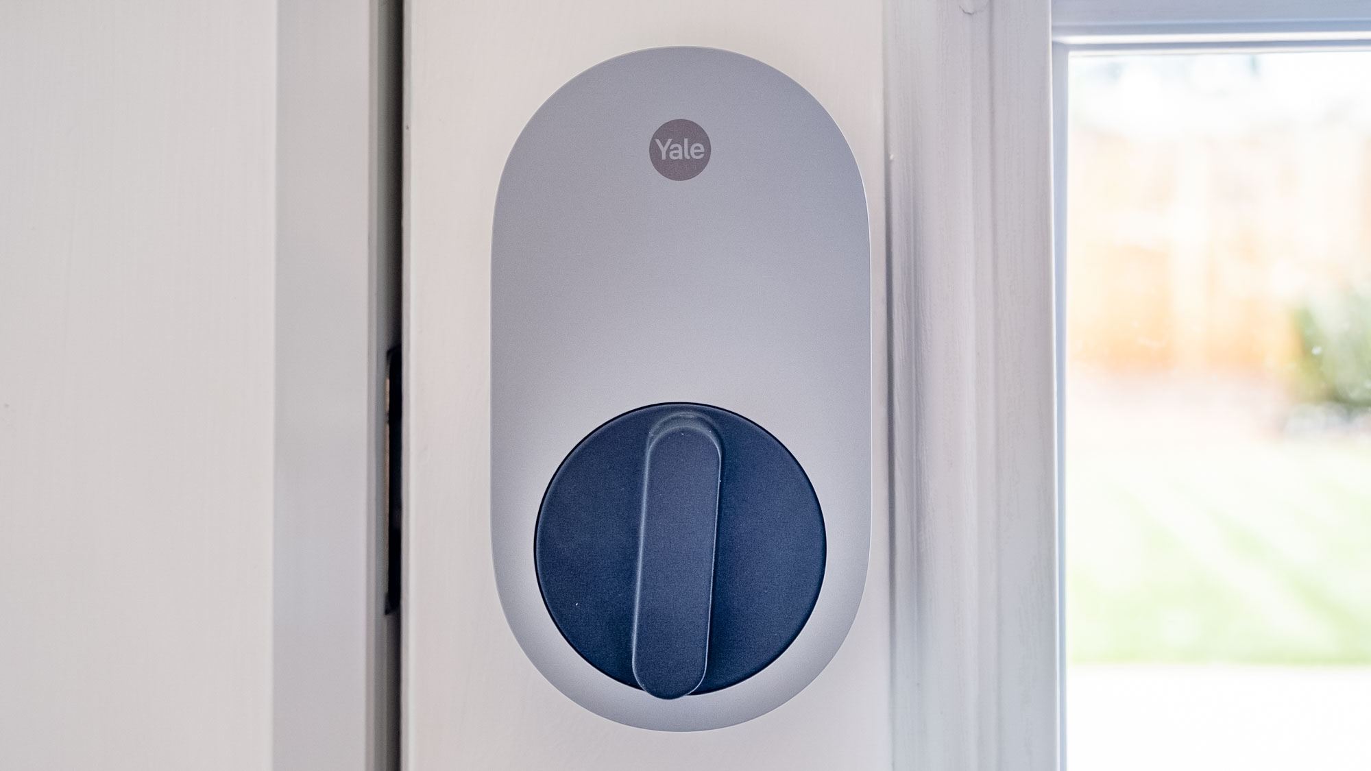 Front view of the interior side latch of a Yale Smart Lock with Matter