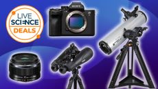 telescope, binoculars, camera and lens on a blue background