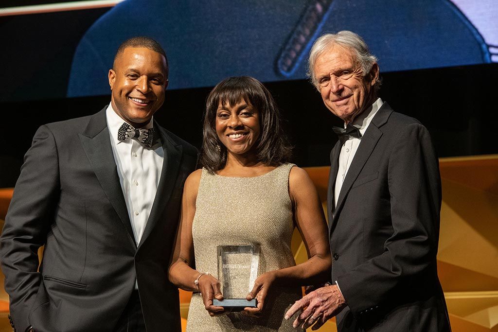 (from l.): Co-host Craig Melvin of NBC&rsquo;s &lsquo;Today;&rsquo; honoree Wonya Lucas, president and CEO, Hallmark Media; and B+C Hall of Fame chairman Bill McGorry.