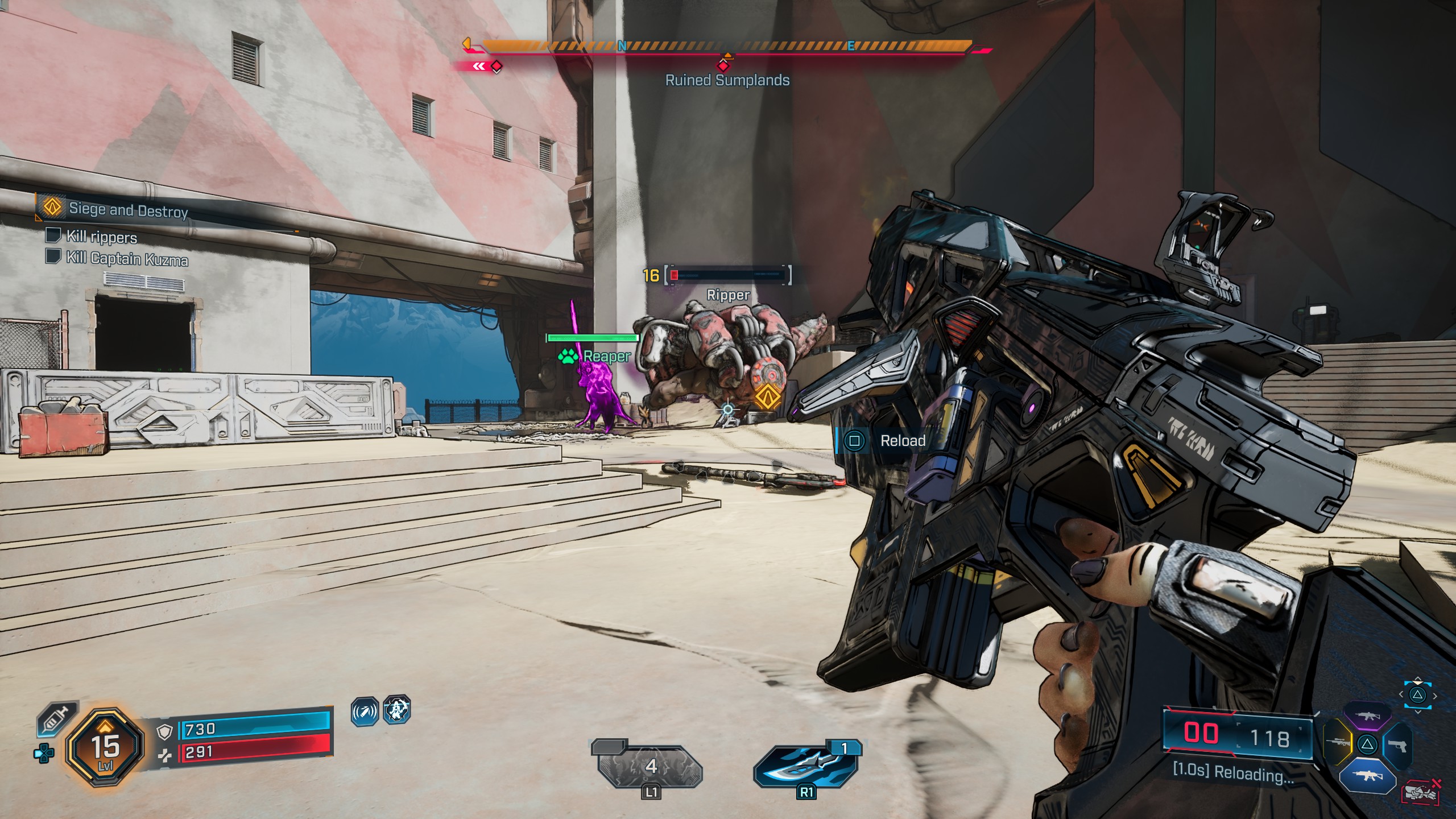Borderlands 4 screenshot showing the player in a shootout while Vex summons a reaper