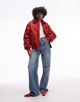 Topshop Twill Nylon Bomber Jacket in Red