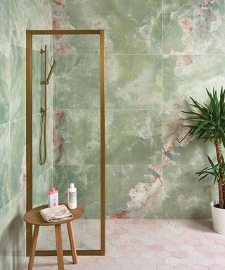 Onyx effect wall tiles walk in shower
