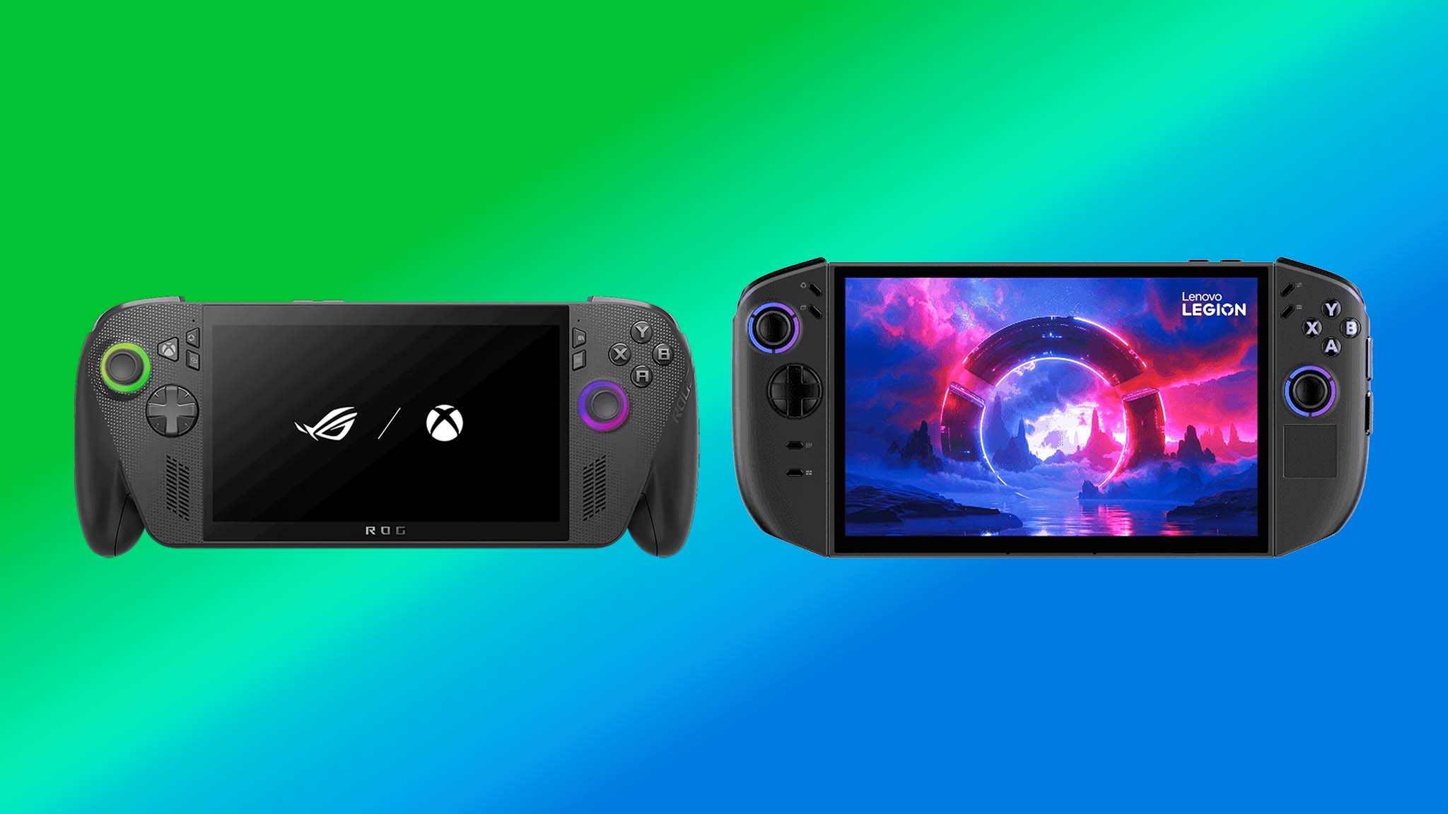 The Xbox Ally X and the Legion Go 2 handhelds facing forward on green and blue background.