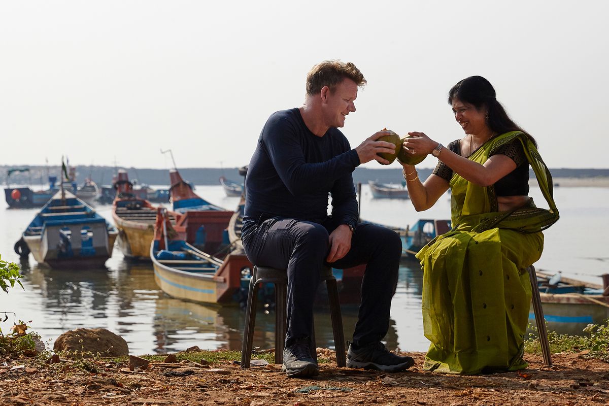 Gordon Ramsay and Chef Shri Bala enjoy fresh coconut juice.