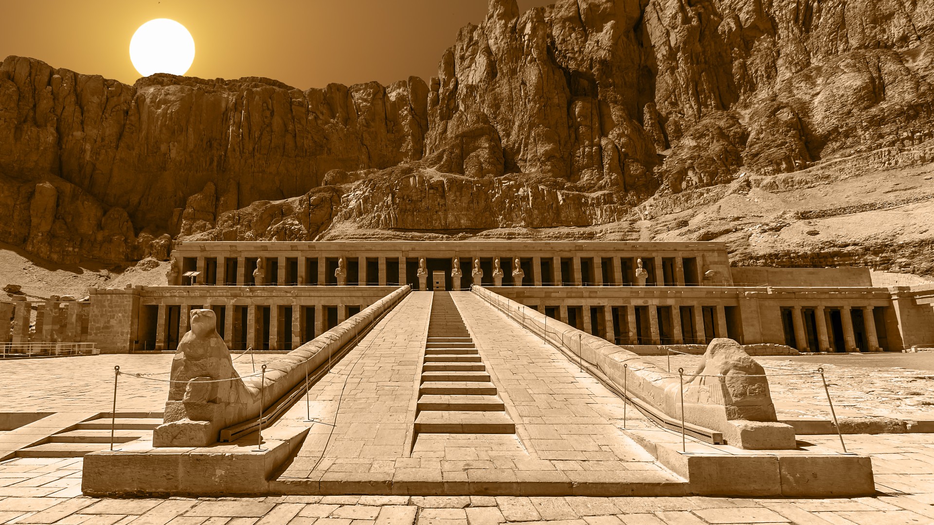 The Mortuary Temple of Hatshepsut at sunrise in Egypt.
