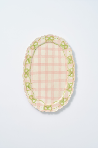 Hand Painted Bow Frill Edge Platter - Pink Gingham