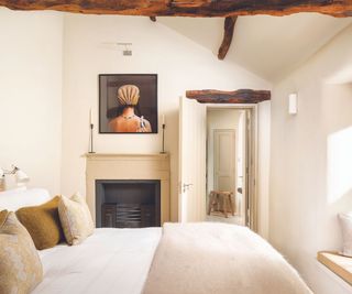 Brown cushions, fireplace, window seat