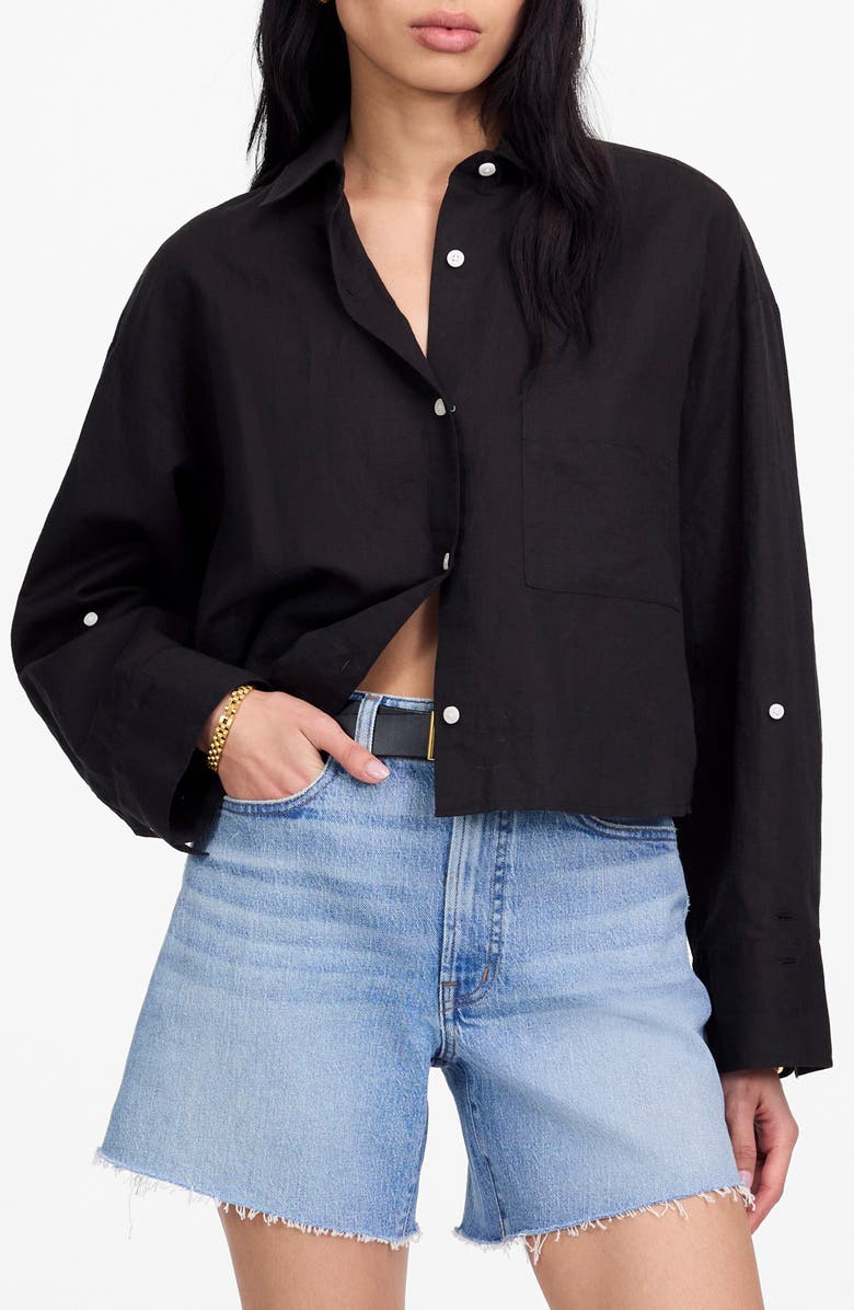 Straight Hem Crop Linen & Cotton Button-Up Shirt
