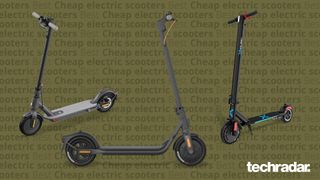 Three electric scooters on khaki green background