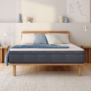 A mattress on a wooden bedframe in a bedroom