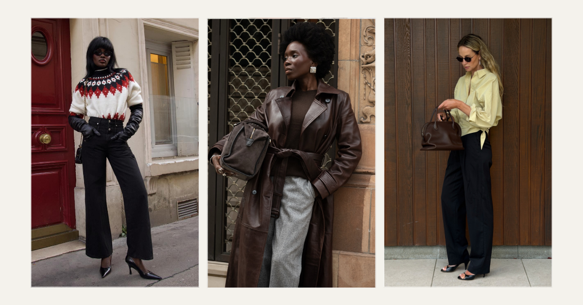 Three images of influencers wearing autumn fashion trends, including Fair Isle knits, leather jackets, button-down shirts and carrying sueded bags.