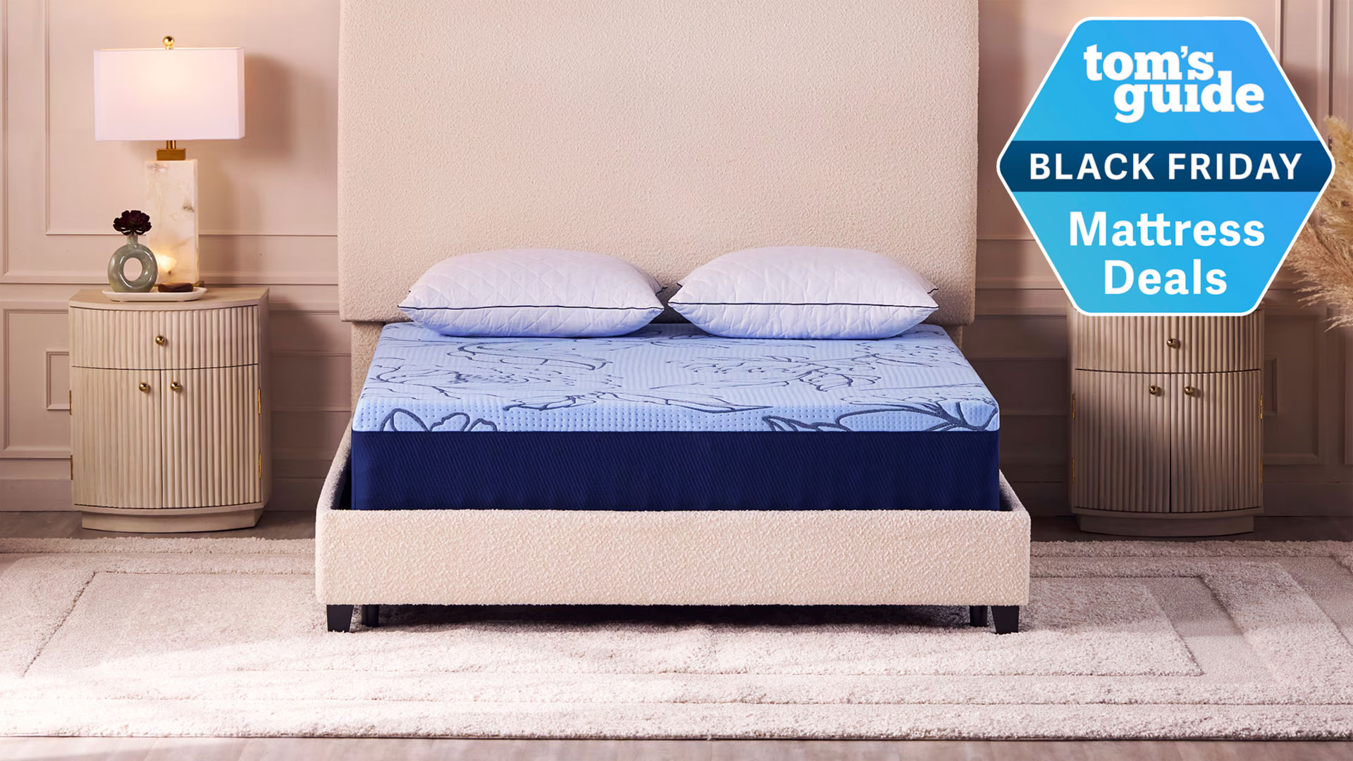 Sleepy&#039;s by Sealy Skye Hybrid Mattress in a bedroom with a Tom&#039;s Guide Black Friday Mattress Deals badge overlaid