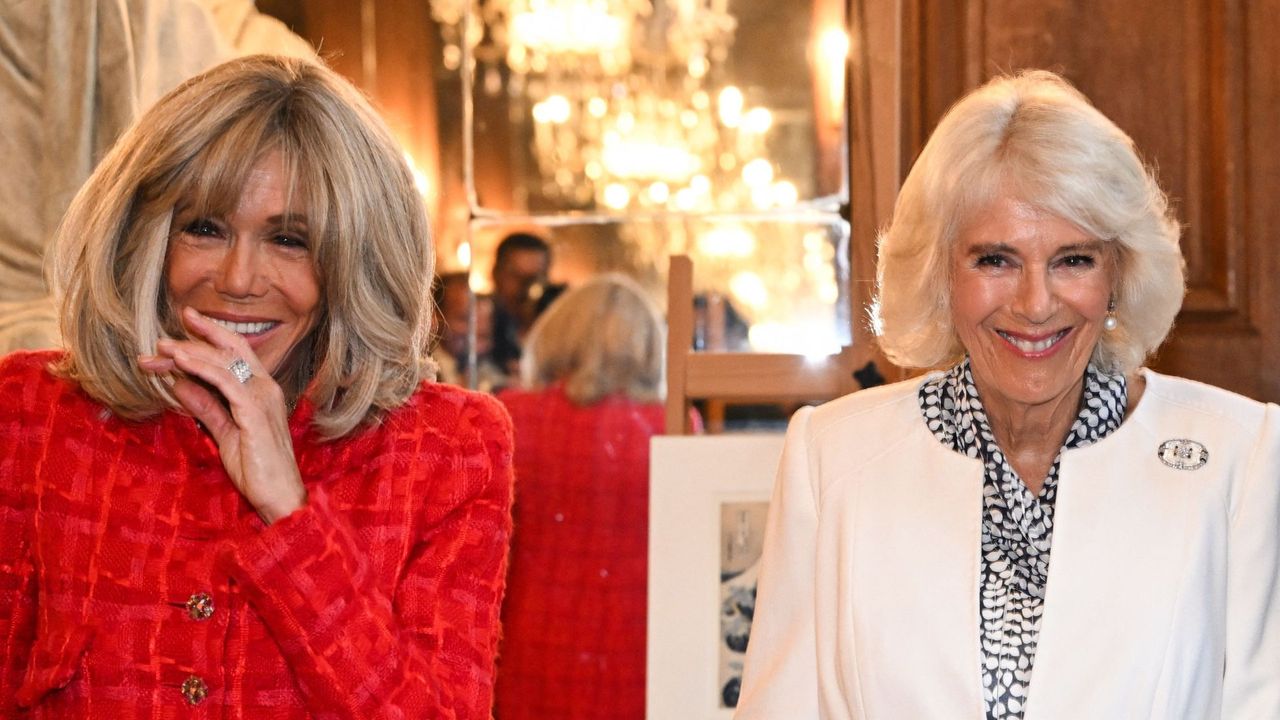 queen camilla and brigitte macron - Brigitte Macron red tweed jacket