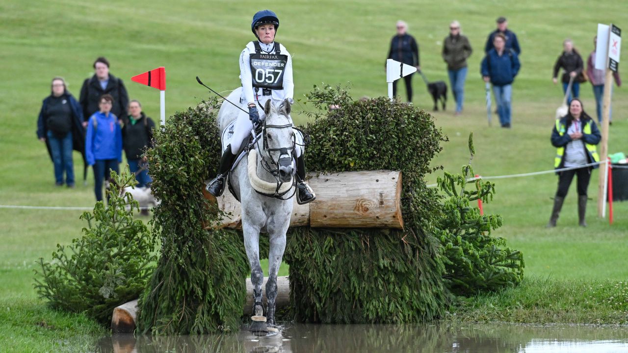 Bubby Upton and Its Cooley Time jump a cross-country fence at Bramham Horse Trials 2026.
