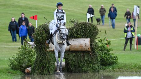 Bubby Upton and Its Cooley Time jump a cross-country fence at Bramham Horse Trials 2026.