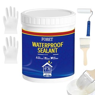 A white plastic tub of Fobet waterproof sealant with blue label, red trim and yellow and white text, white plastic gloves, a paint roller, paint brush, and a paint brush in the resin