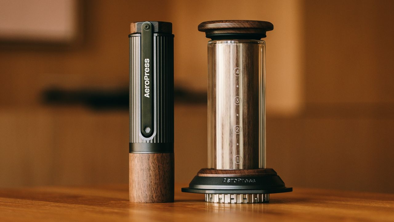 Walnut AeroPress coffee maker and grinder
