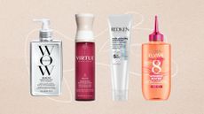 Collage of four of the best hair straightening products from (L&ndash;R) Color Wow, Virtue, Redken and LOr&eacute;al Paris, set against a beige background with a white fine line drawing 