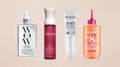 Collage of four of the best hair straightening products from (L&ndash;R) Color Wow, Virtue, Redken and LOr&eacute;al Paris, set against a beige background with a white fine line drawing 