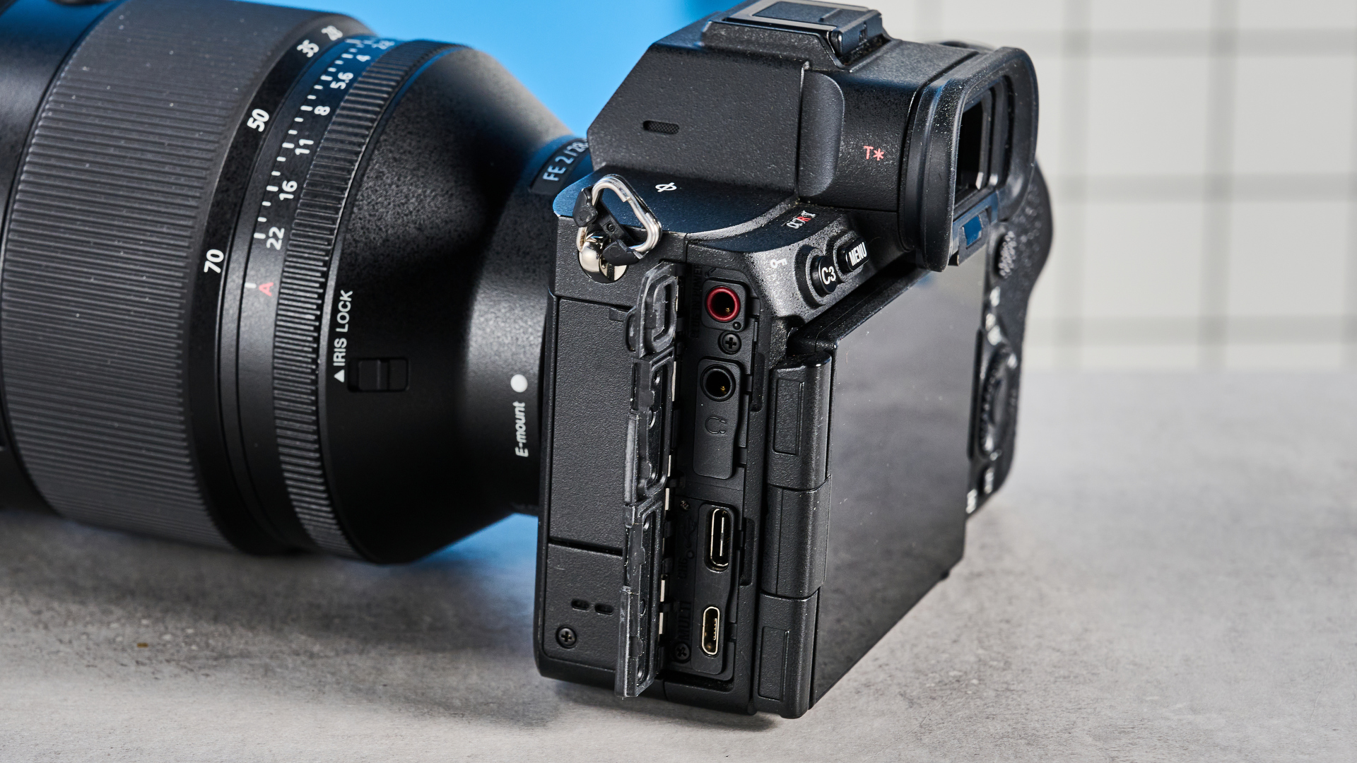 The Sony A7R V with its ports showing