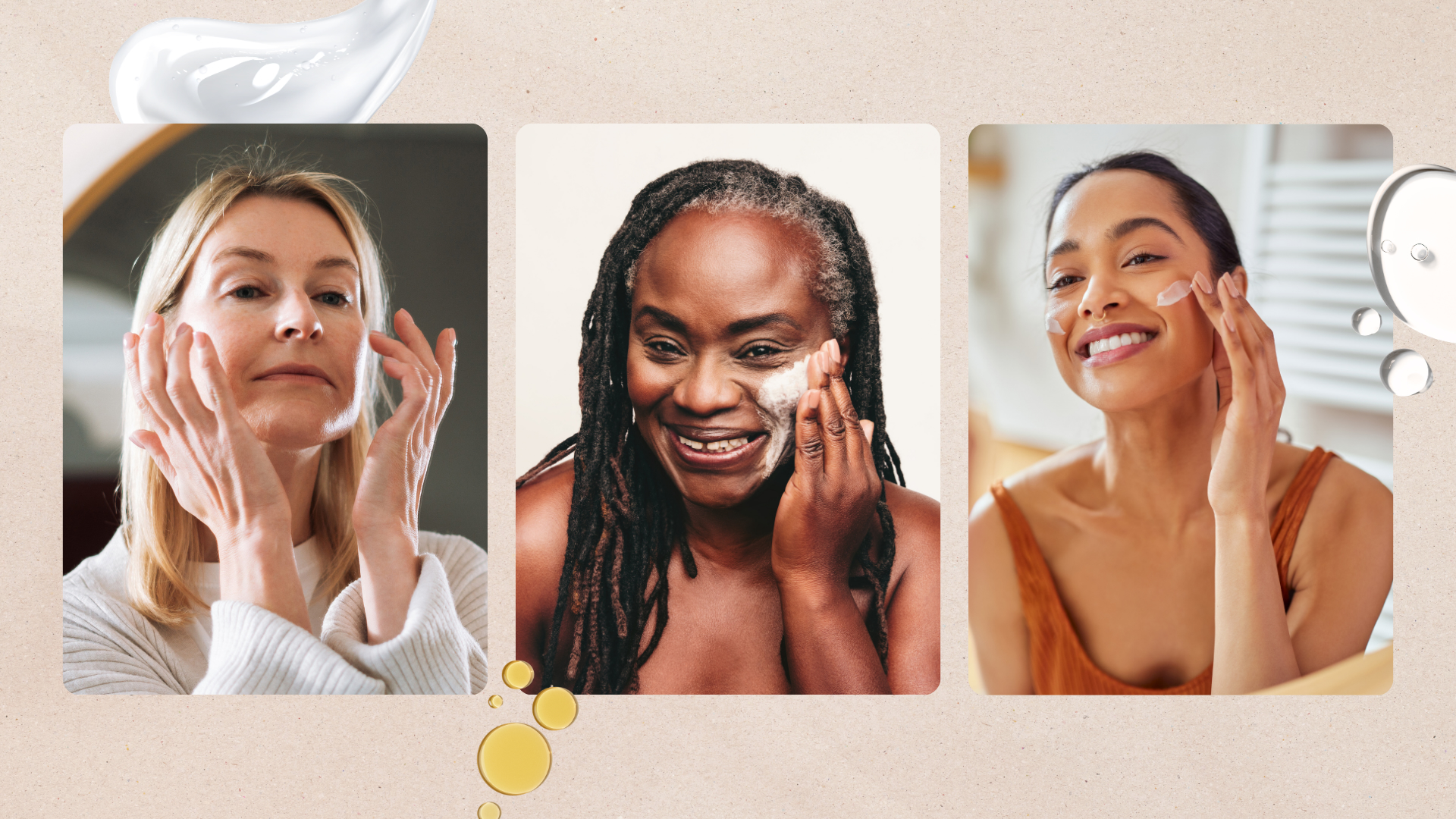 3 vertical images of women applying skincare set against a beige background and surrounded by skincare product textures