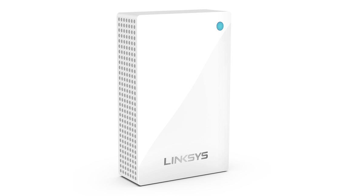 Linksys Velop Wi-Fi extender from aside angle on a white background