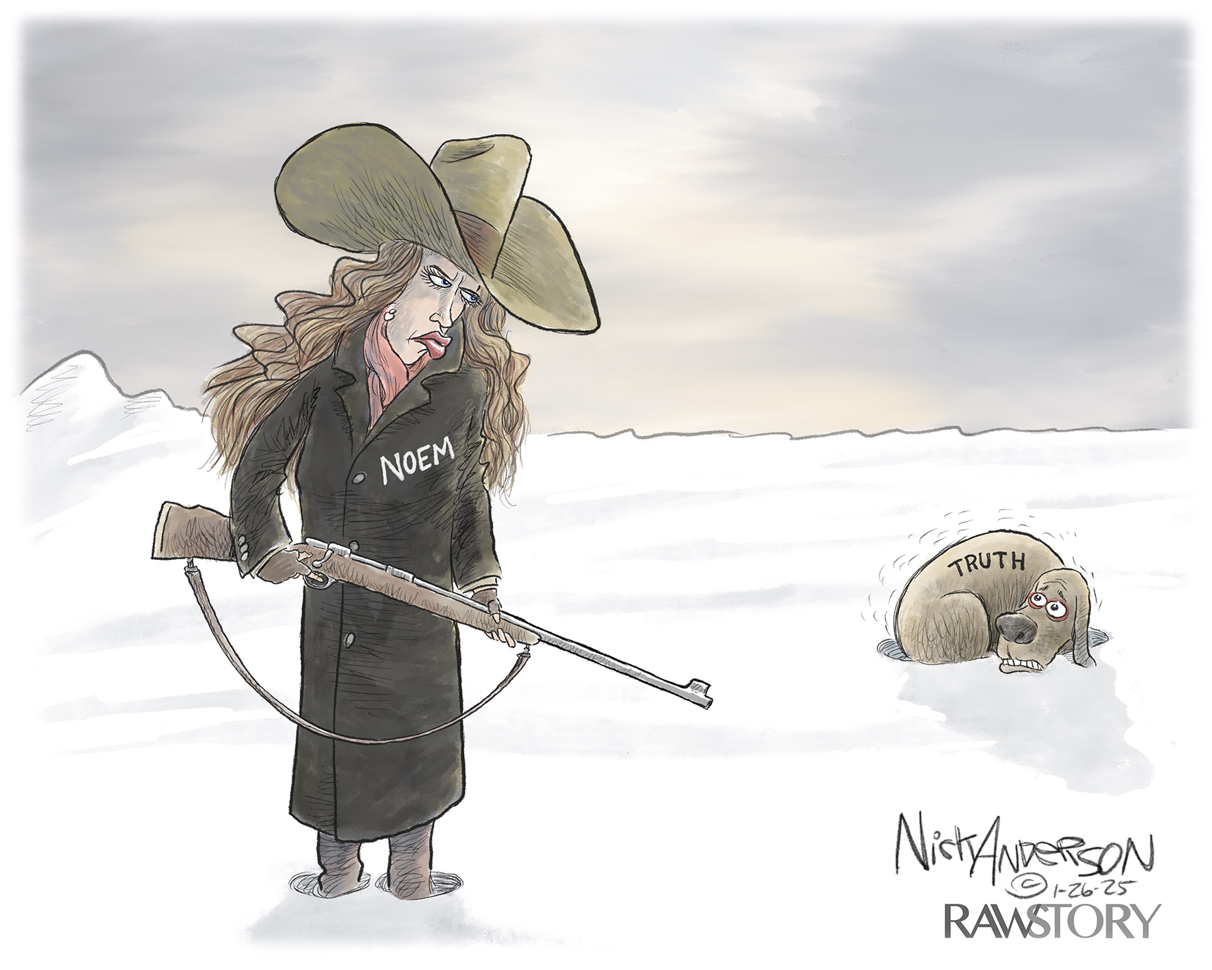 Kristi Noem is depicted with a giant cowboy hat, oversized lips, and a rifle in this cartoon. She&amp;rsquo;s outside in the snow glaring at a frightened dog labeled &amp;ldquo;truth&amp;rdquo;.