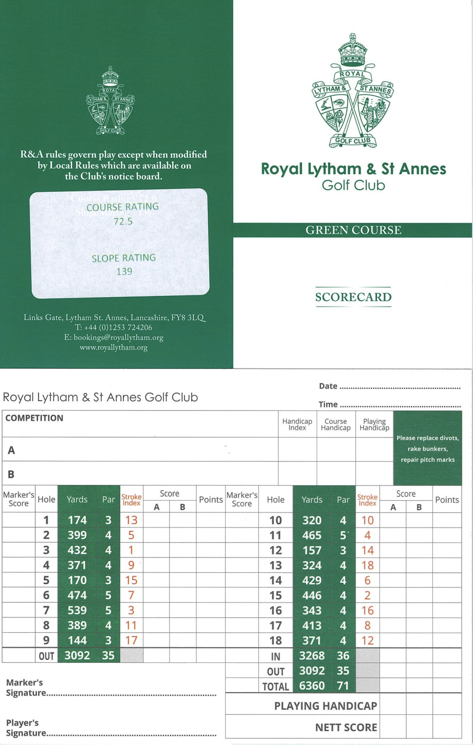 Royal Lytham and St Annes Golf Club green scorecard