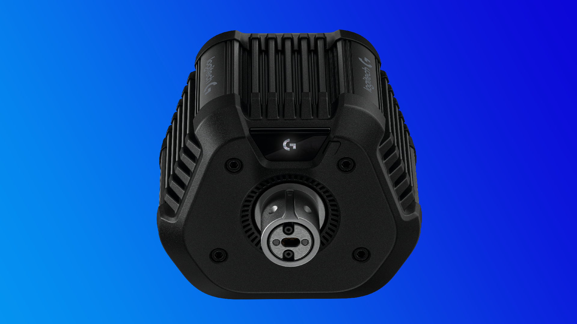 The Logitech RS50 Wheelbase on a blue gradient background