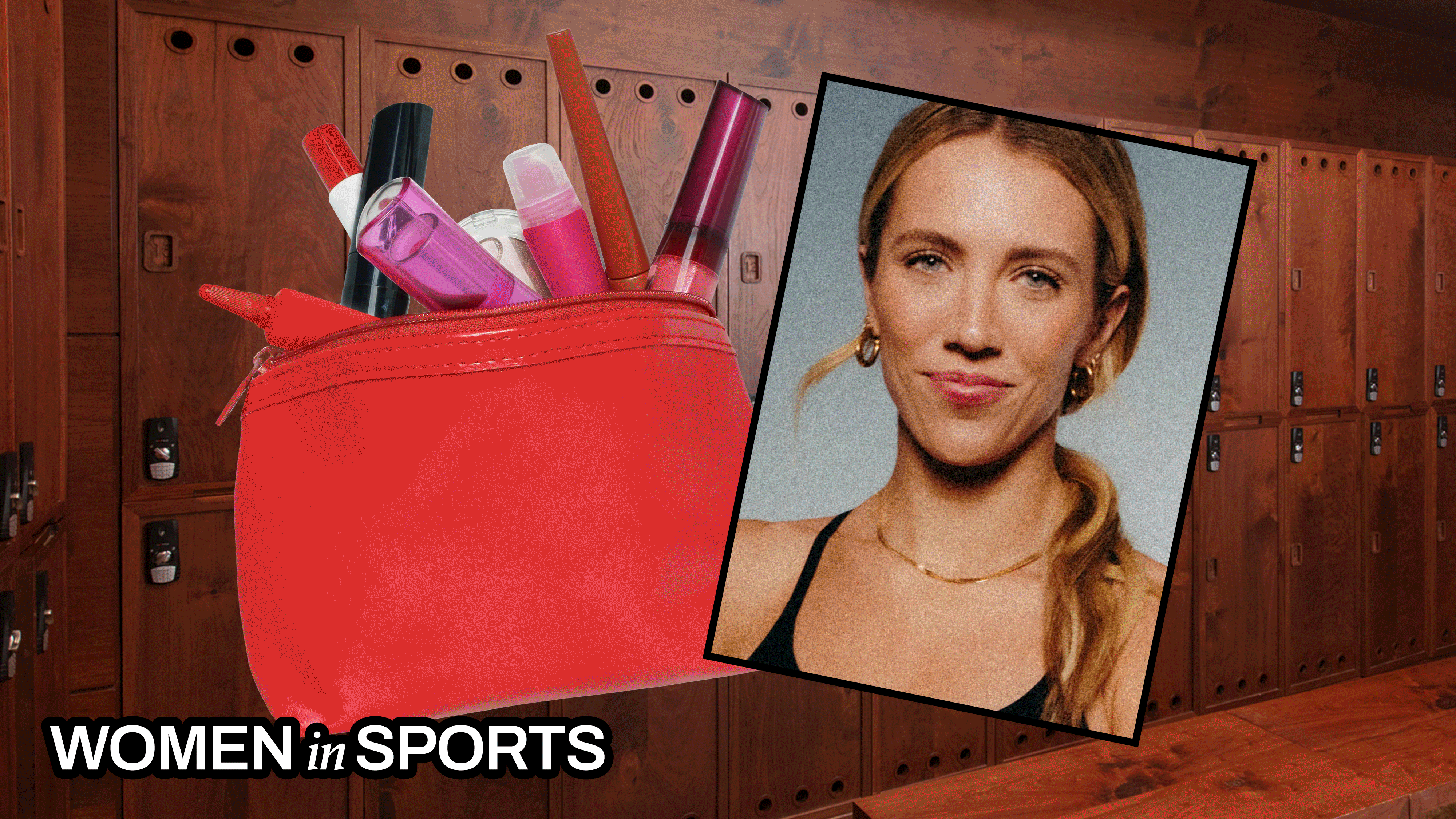collage of athletes next to a beauty bag; in the background, a locker room