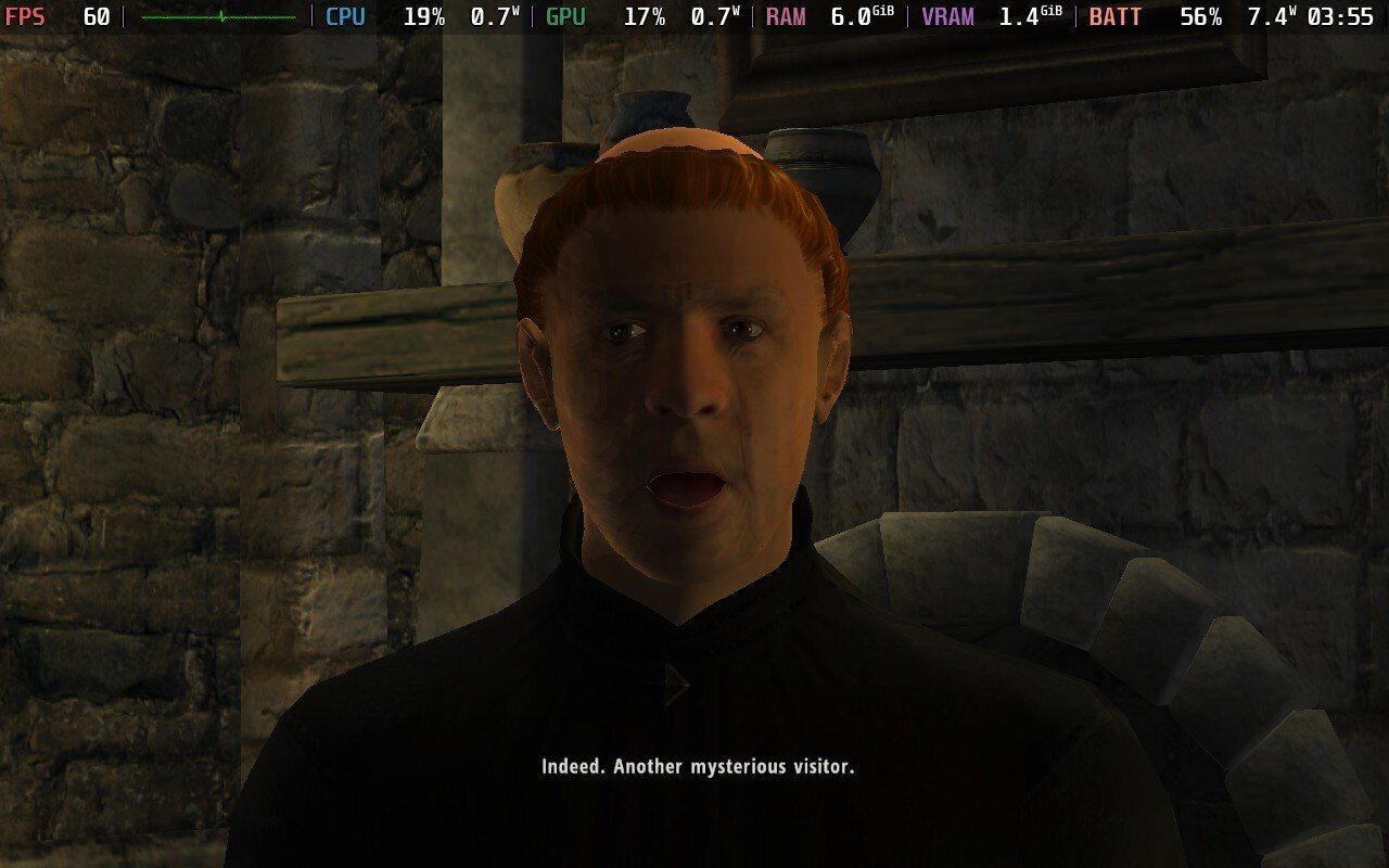 An NPC holds forth in the original Oblivion, running on Steam Deck