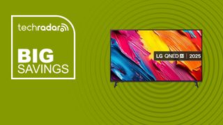 The LG QNED70 65-inch QNED 4K TV on a green background with text saying Big Savings.