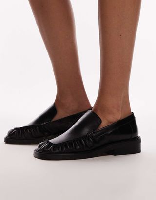 Topshop Clover Premium Leather Loafers With Ruched Detail in Black