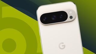 Google Pixel 9 Pro in Porcelain from the back showing the camera bar on top of a green and blue TechRadar logo banner