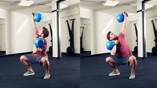 Man demonstrates two positions of the sots press using two kettlebells