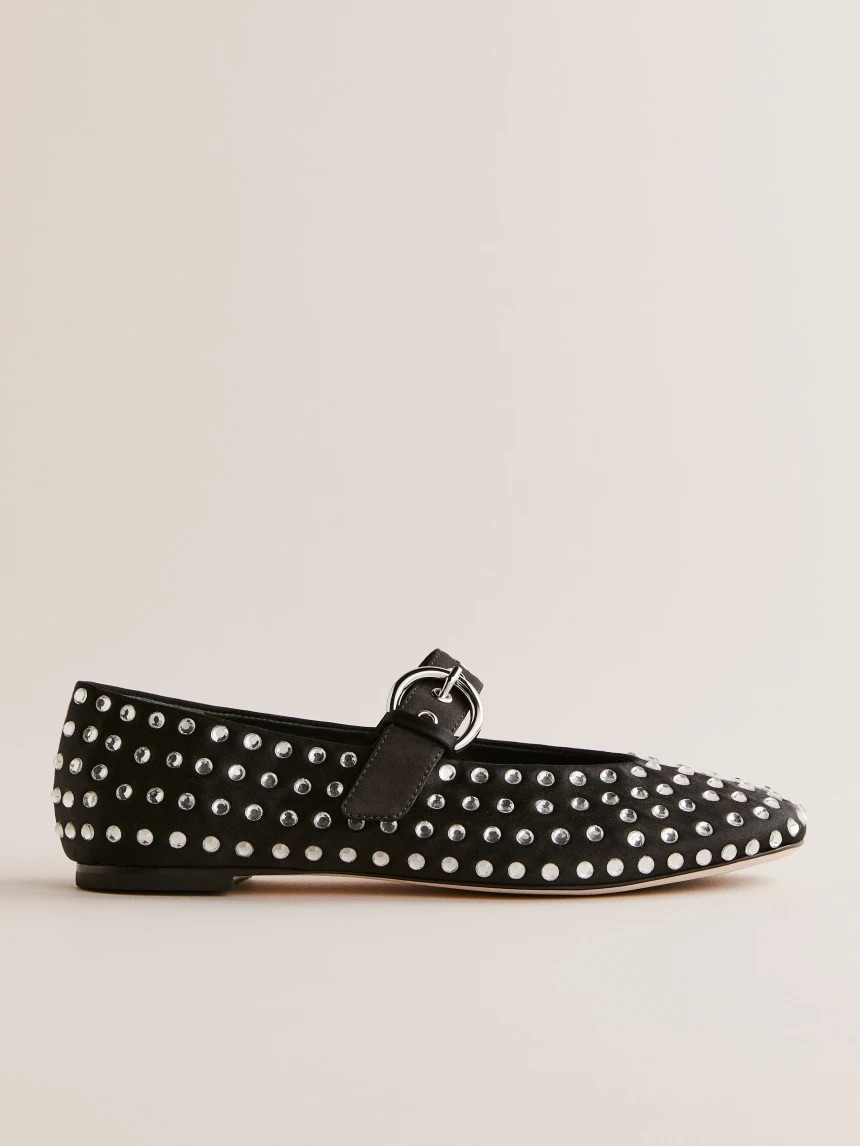 Reformation Bethany Black Ballet Flats with Silver Studs