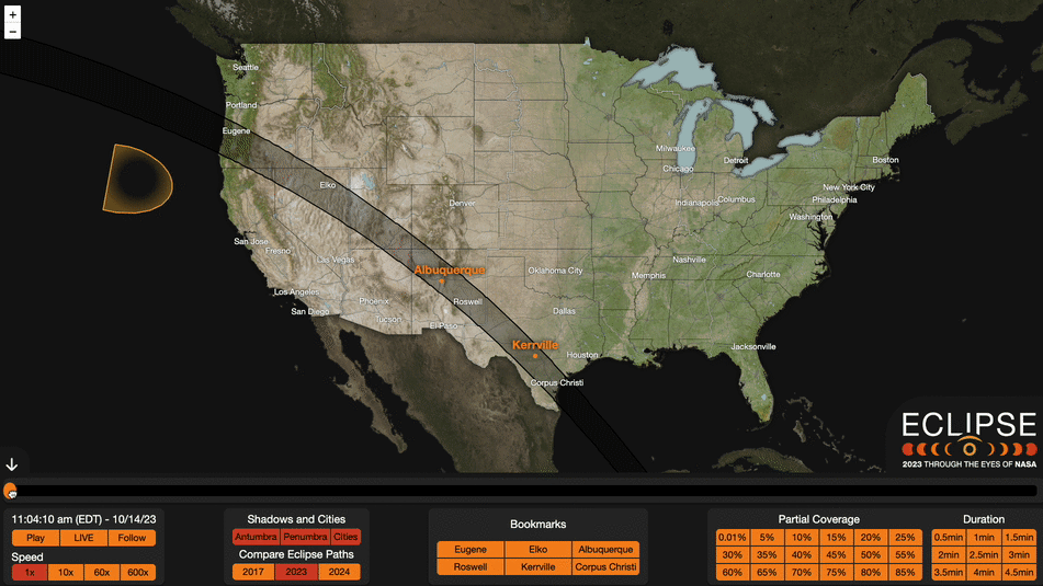 2023 eclipse explorer showing the eclipse moving over the US. 