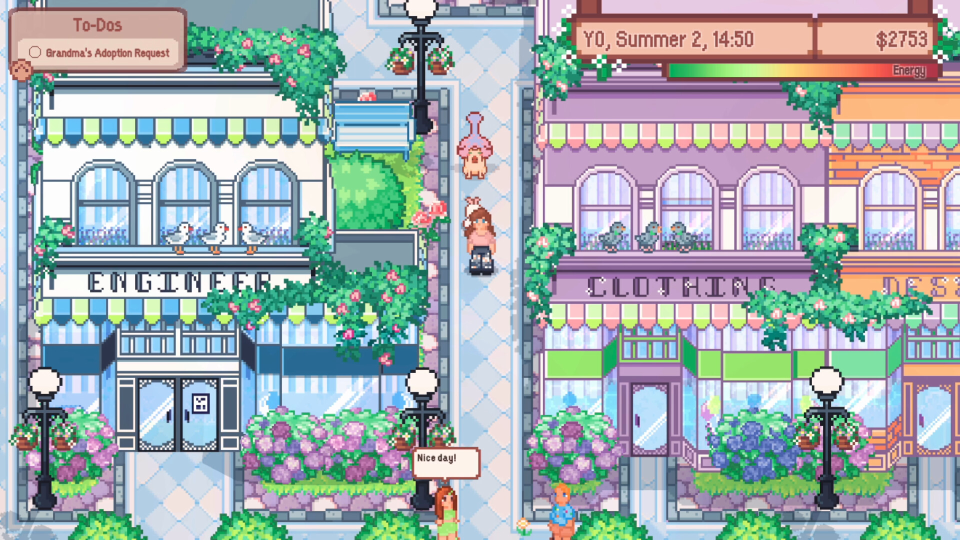 Wish Upon A Llama - A player and their animals walk around a pastel village together