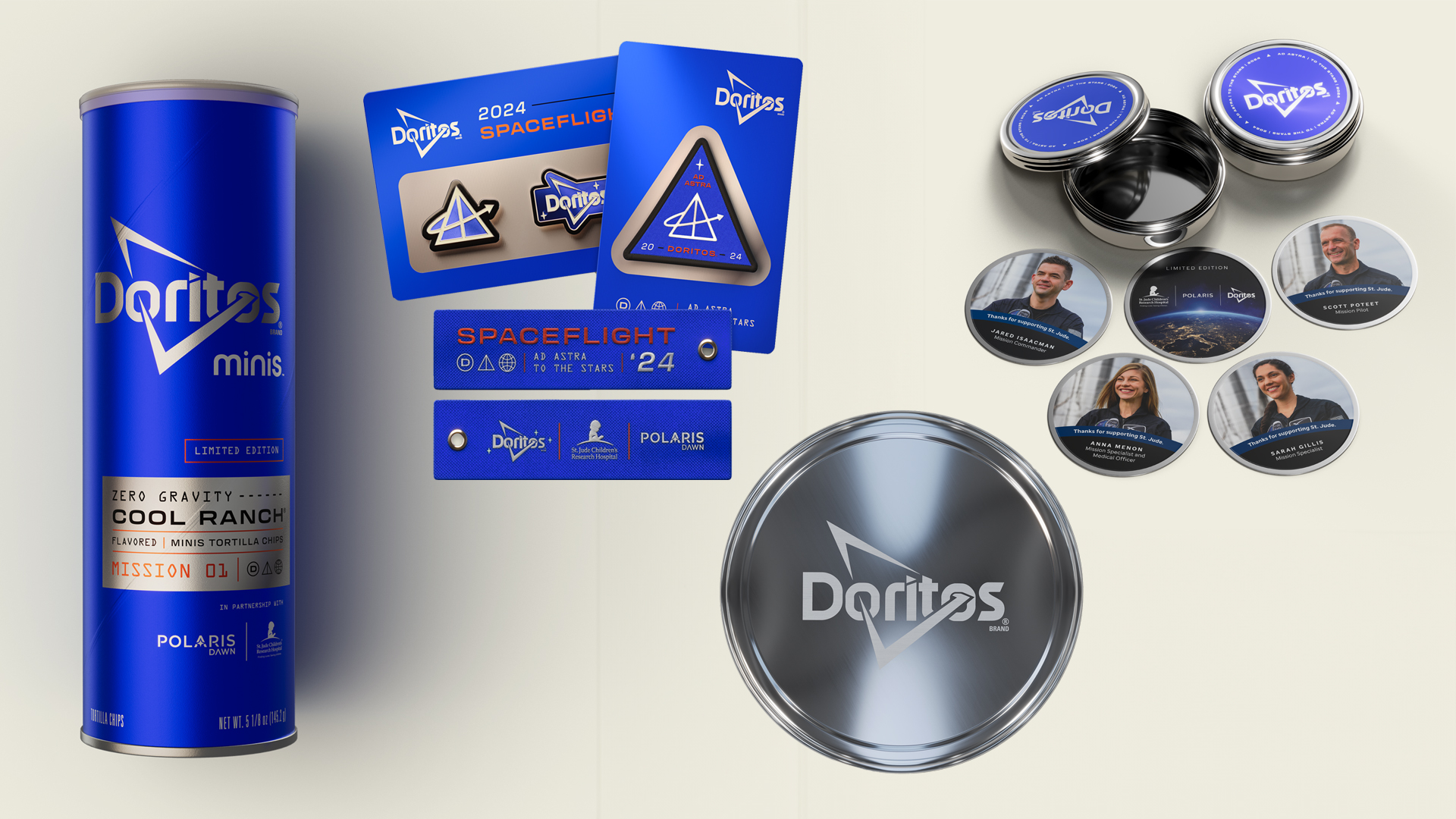 Doritos chips that fly on the Polaris Dawn are packaged in special boxes that will be included in patches, pins and other prizes that will be given away to those who donate to St. Jude.